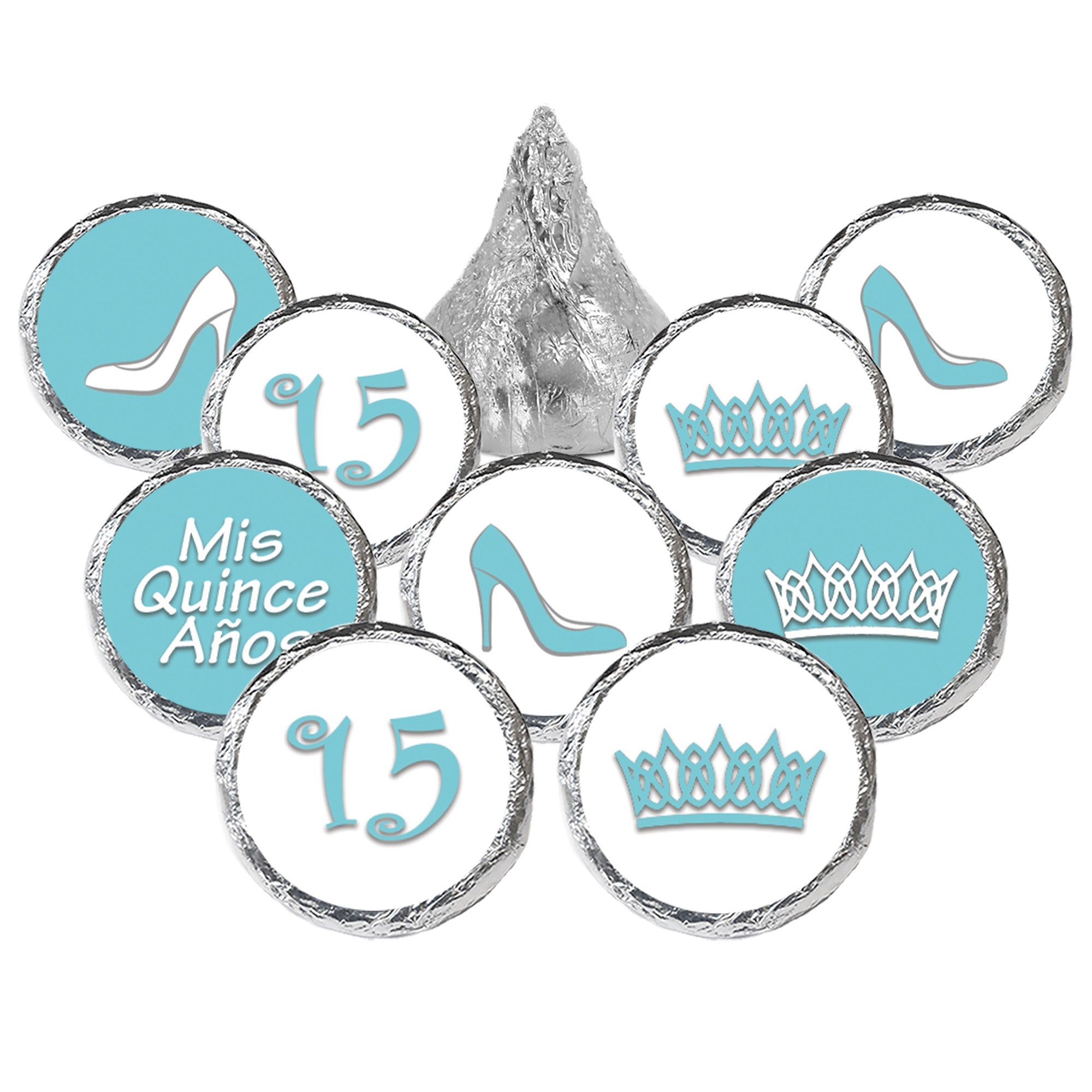Quinceañera: Robin's Egg Blue - Party Favor Stickers - Fits on Hershey's Kisses - 180 Stickers